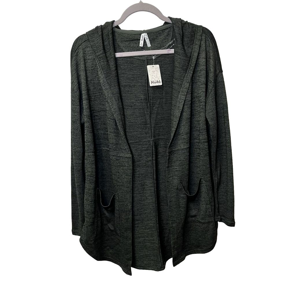NWT MUDD Women’s Small Green Hooded Long Sleeve Open Cardigan Sweater Pockets